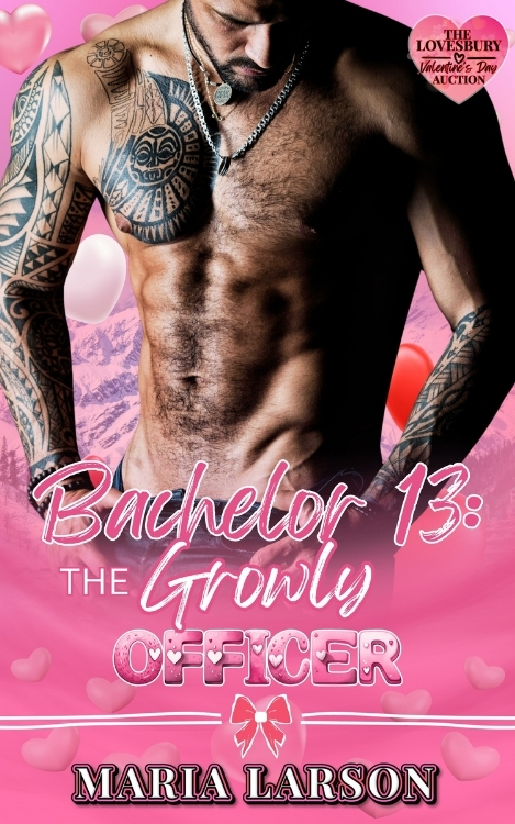 Cover of Bachelor #13: The Growly Officer, showing a bare-chested, tattooed man against a pink background with hearts.